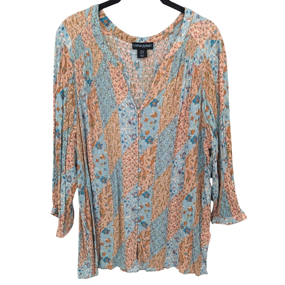 Cynthia Rowley Patchwork Top Womens Plus 2X Blue Orange Floral Boho Cottagecore